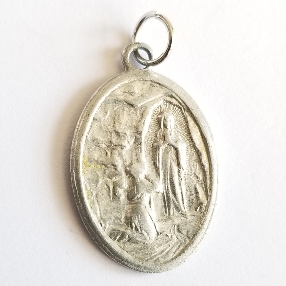 Vintage Our Lady of Lourdes medal pendant silver tone charm Italy pray for us